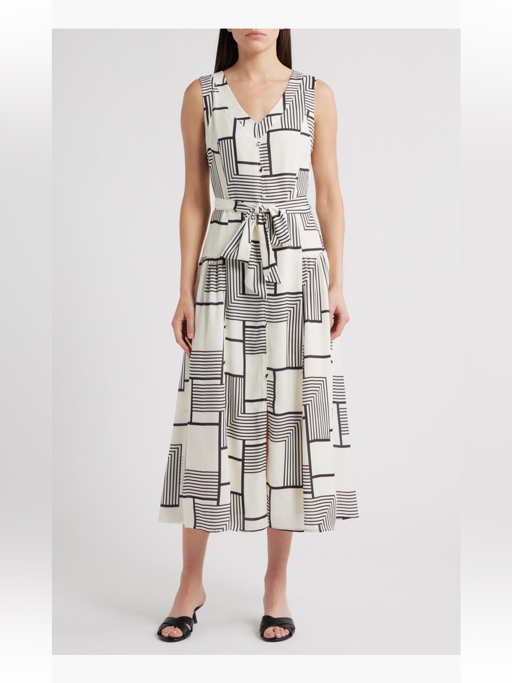 ZOE AND CLAIRE Mixed Geo Print Belted Midi maxi Dress black white medium NWT